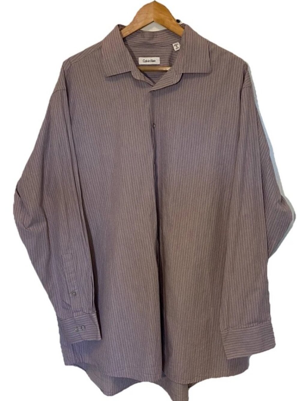 Calvin Klein Mens Dress Shirt BIG 18 34/36 Purple Stripe Bonus Italian Sik Tie
